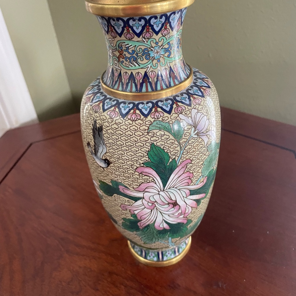 Vintage Chinese Decorative Pink and Green Floral Cloisonné Vase